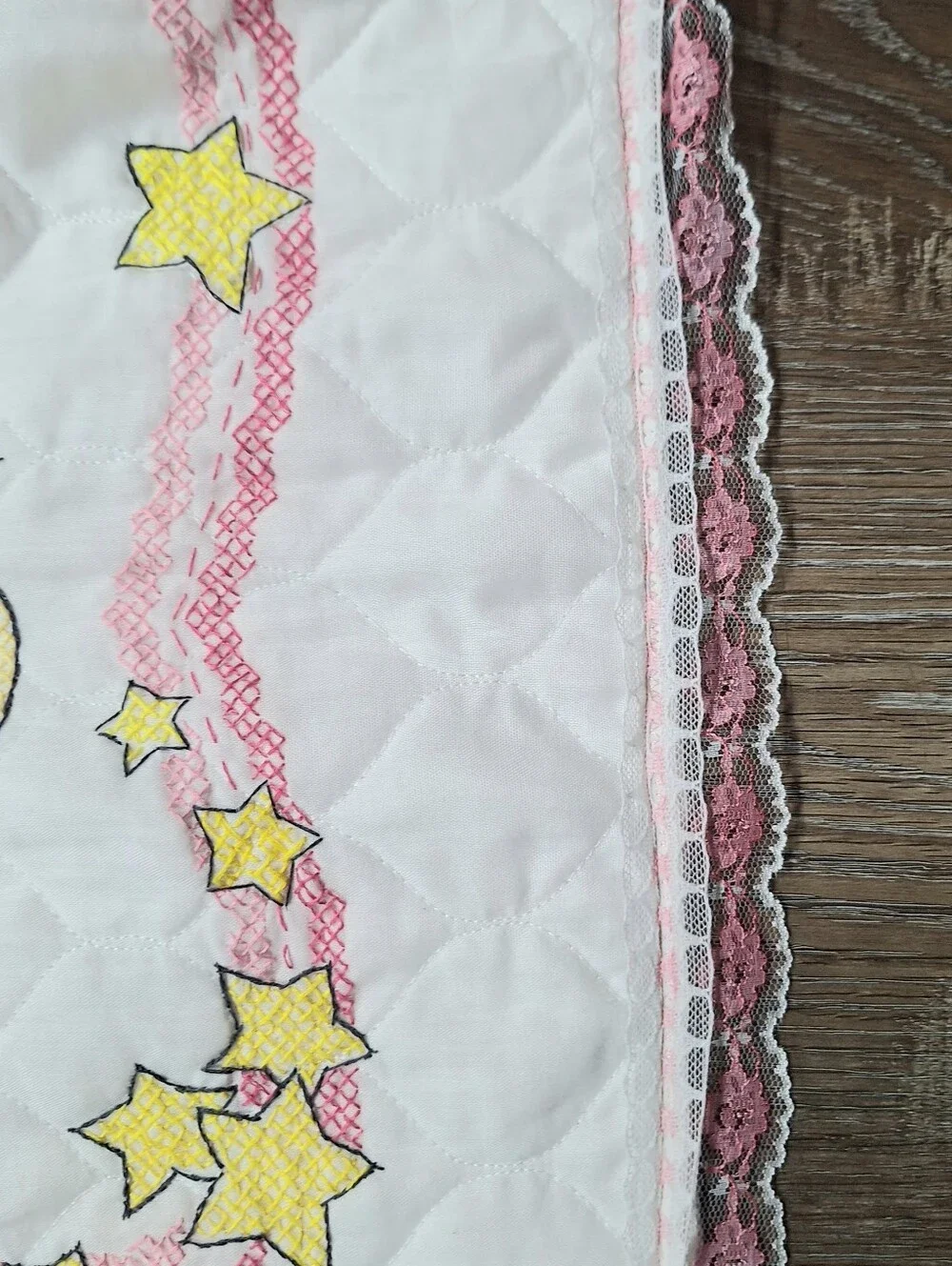 Bucilla Princess Handmade Cross Stitched Baby Quilt With Lace Edging 32 X 41